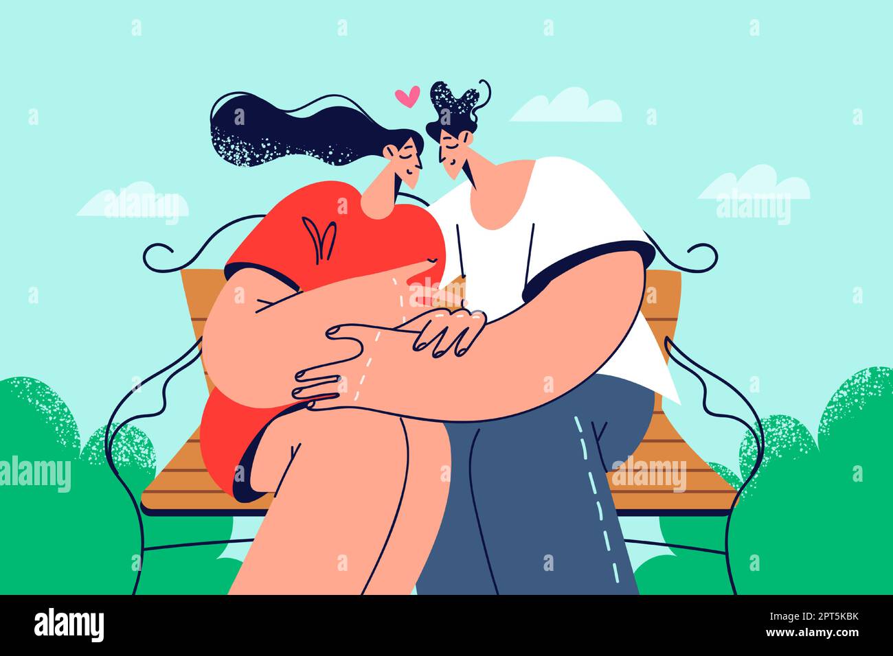Felice coppia seduta sul banco abbracciando Illustrazione Vettoriale