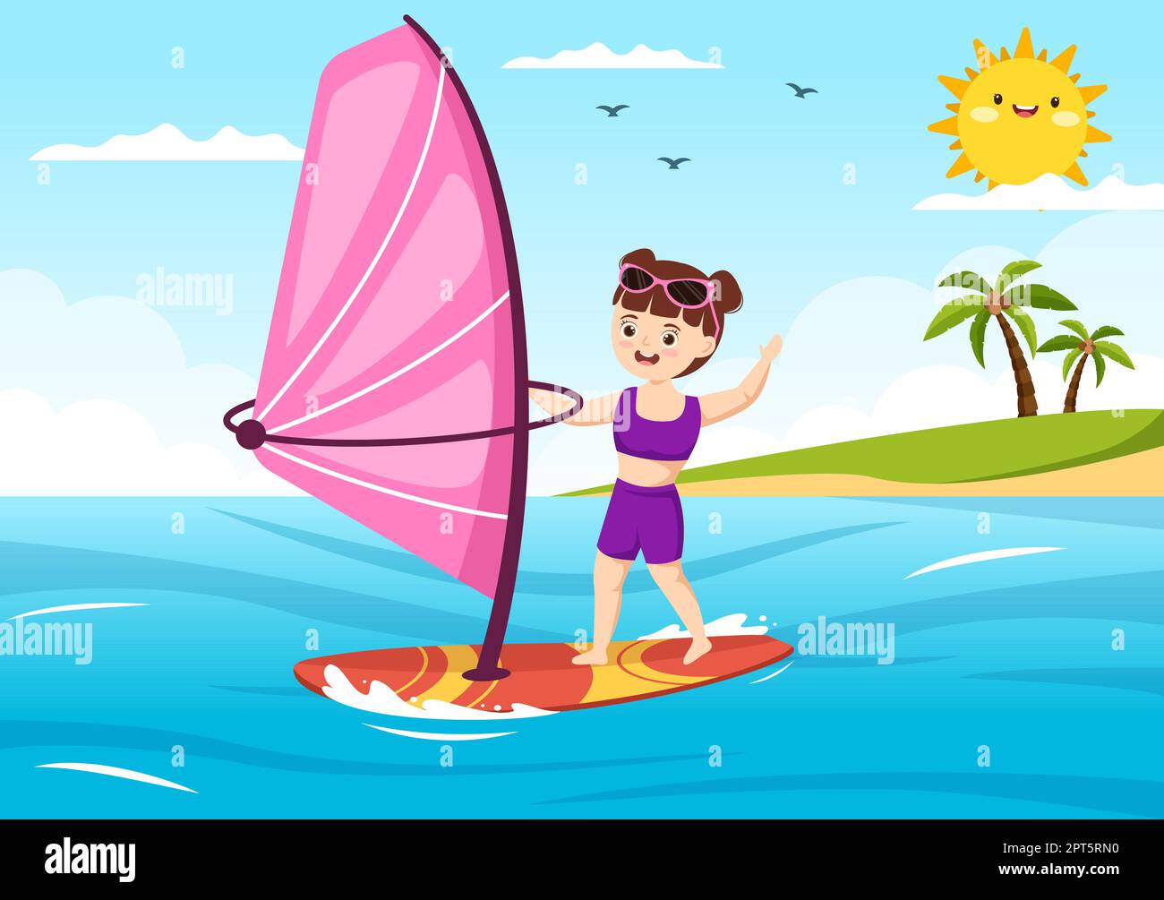 Windsurf con i bambini in piedi sulla barca a vela e tenendo la vela in Extreme Water Sport Flat Cartoon modelli disegnati a mano Illustrazione Illustrazione Vettoriale