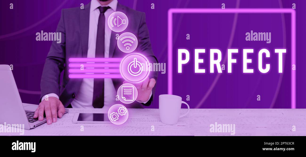 Didascalia di testo che presenta perfetto, concetto di affari completo senza difetti o difetti precisamente preciso o esatto Foto Stock