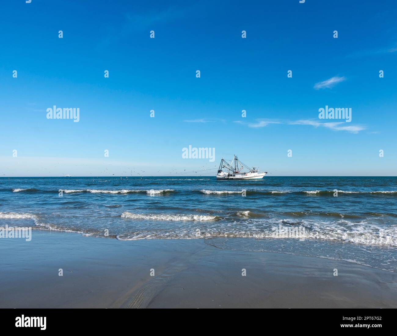 Pesca di gamberi Trawler vicino alla spiaggia su Hilton Head Island, South Carolina Foto Stock