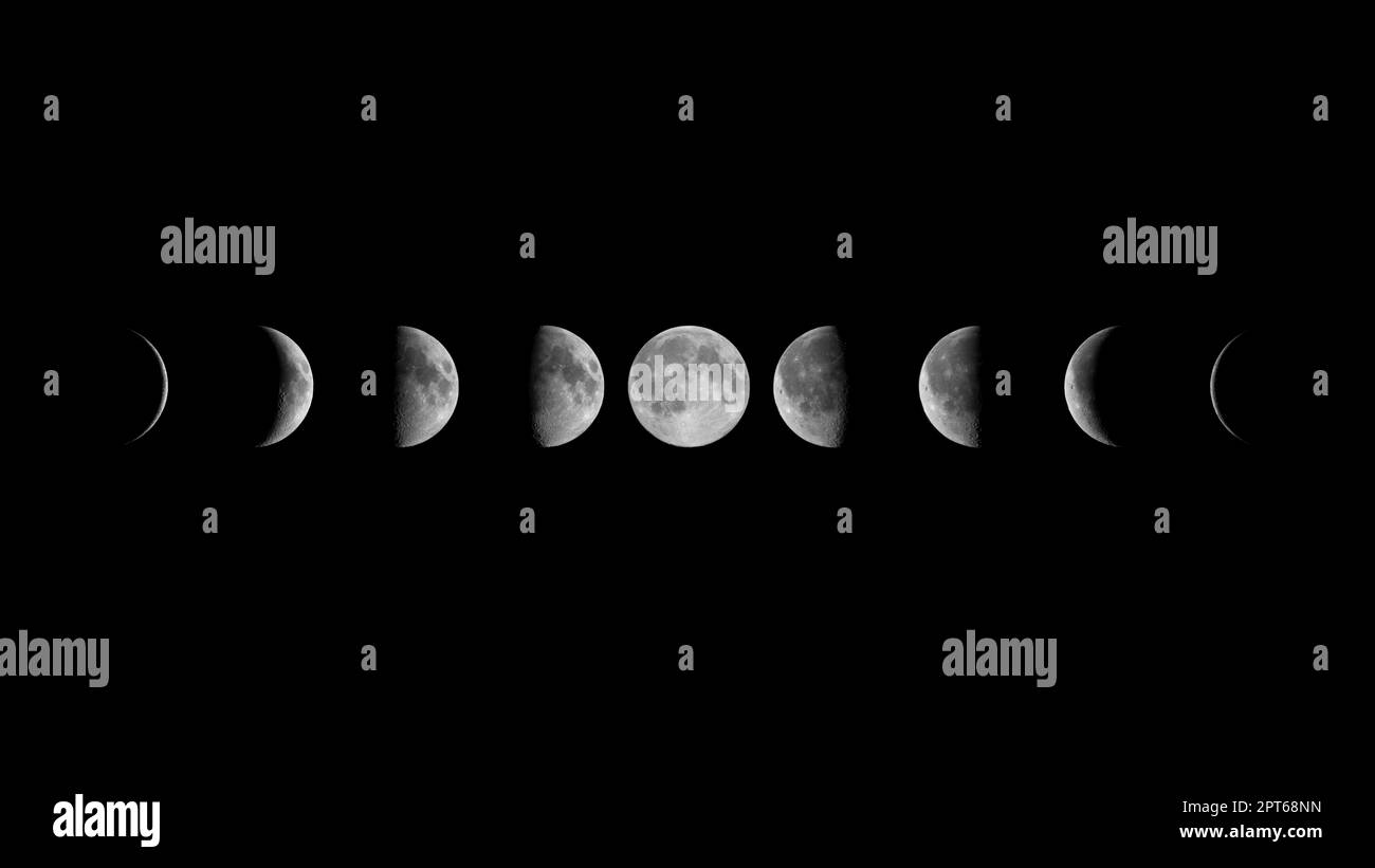 Tutte le fasi della Luna: Crescent in declino, terzo trimestre, Gibbo in declino, Luna piena, Gibbo in cera, Primo trimestre e Crescent di cera contro il backgro nero Foto Stock Tutte le fasi della Luna: Crescent in declino, terzo trimestre, Gibbo in declino, Luna piena, Gibbo in cera, Primo trimestre e Crescent di cera contro il backgro nero Foto Stock