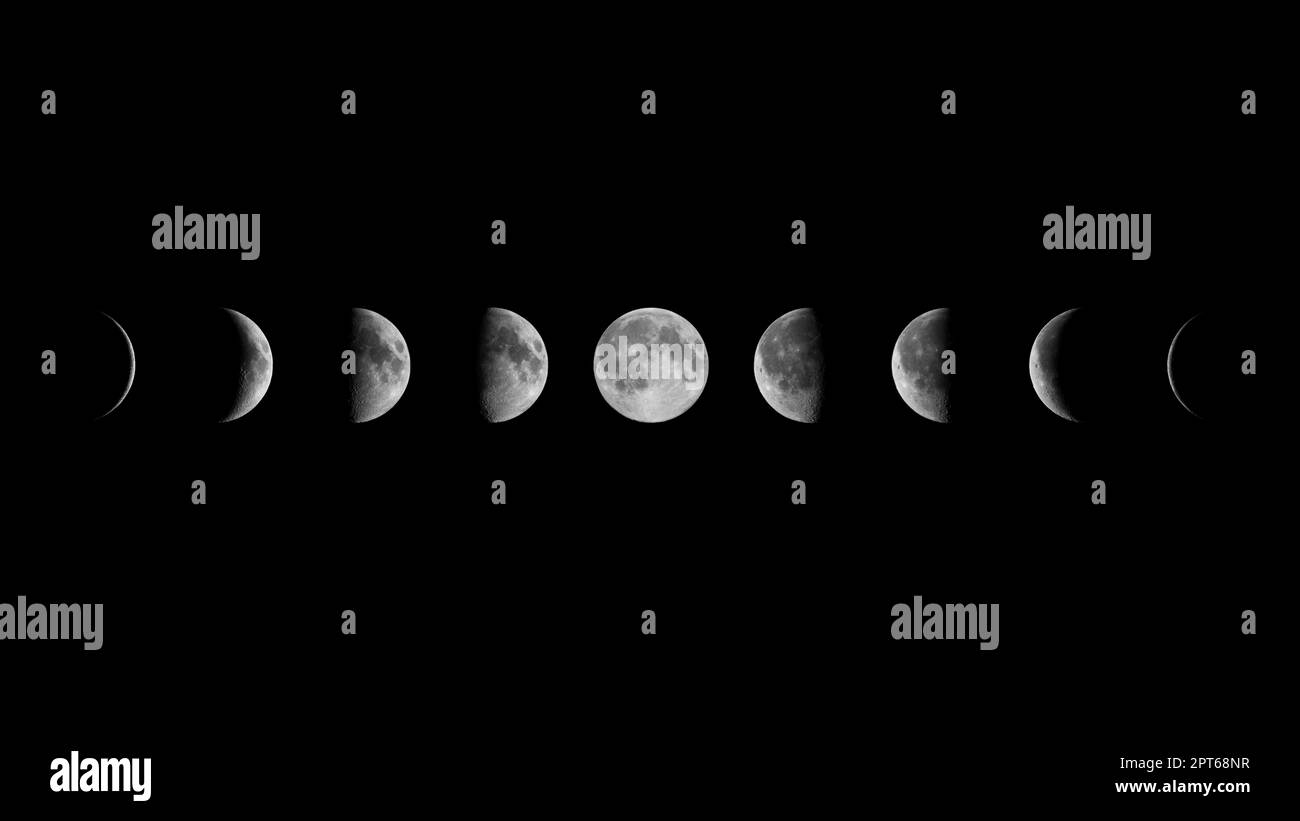 Tutte le fasi della Luna: Crescent in declino, terzo trimestre, Gibbo in declino, Luna piena, Gibbo in cera, Primo trimestre e Crescent di cera contro il backgro nero Foto Stock Tutte le fasi della Luna: Crescent in declino, terzo trimestre, Gibbo in declino, Luna piena, Gibbo in cera, Primo trimestre e Crescent di cera contro il backgro nero Foto Stock