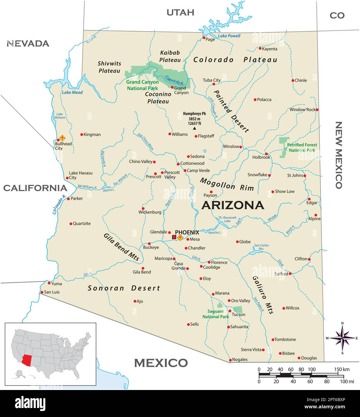 Mappa fisica altamente dettagliata dello stato degli Stati Uniti dell'Arizona Illustrazione Vettoriale