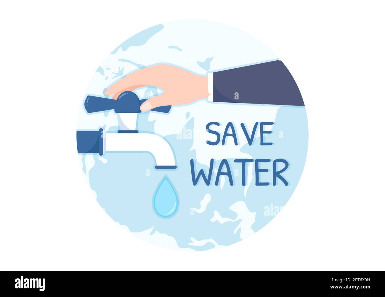 Modelli di risparmio di acqua Cartoon piano disegnato a mano Illustrazione per la campagna di risparmio minerale con rubinetto e concetto di terra Foto Stock