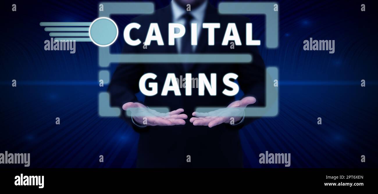 Visualizzazione concettuale plusvalenze, concetto significato obbligazioni azioni utile utile imposte Fondi d'investimento Foto Stock