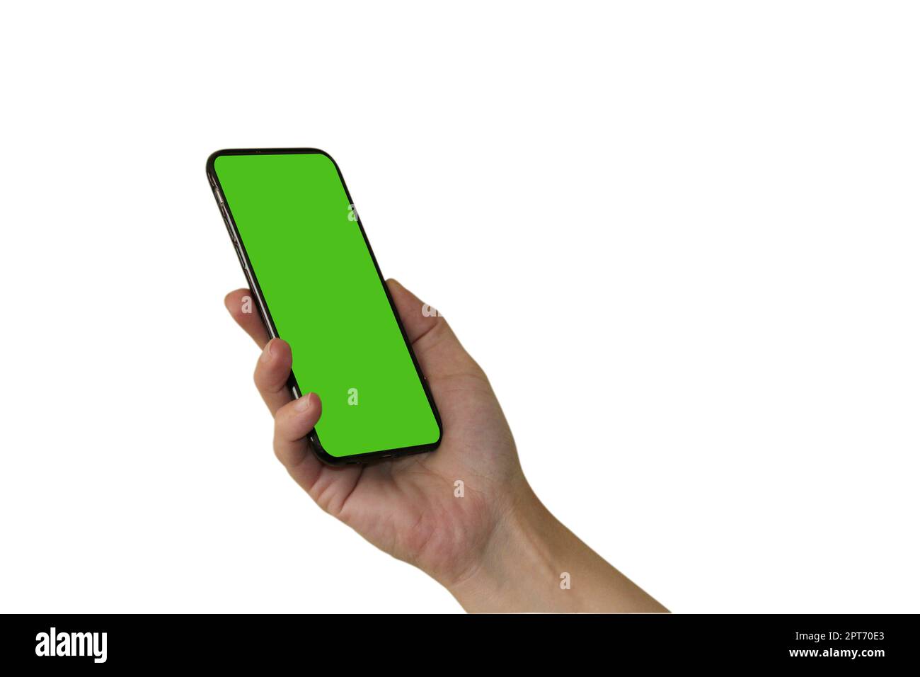 La mano di una donna tiene in mano uno smartphone con uno schermo verde. Oggetto isolato su sfondo bianco. Modello per la progettazione. Mocap. Foto Stock