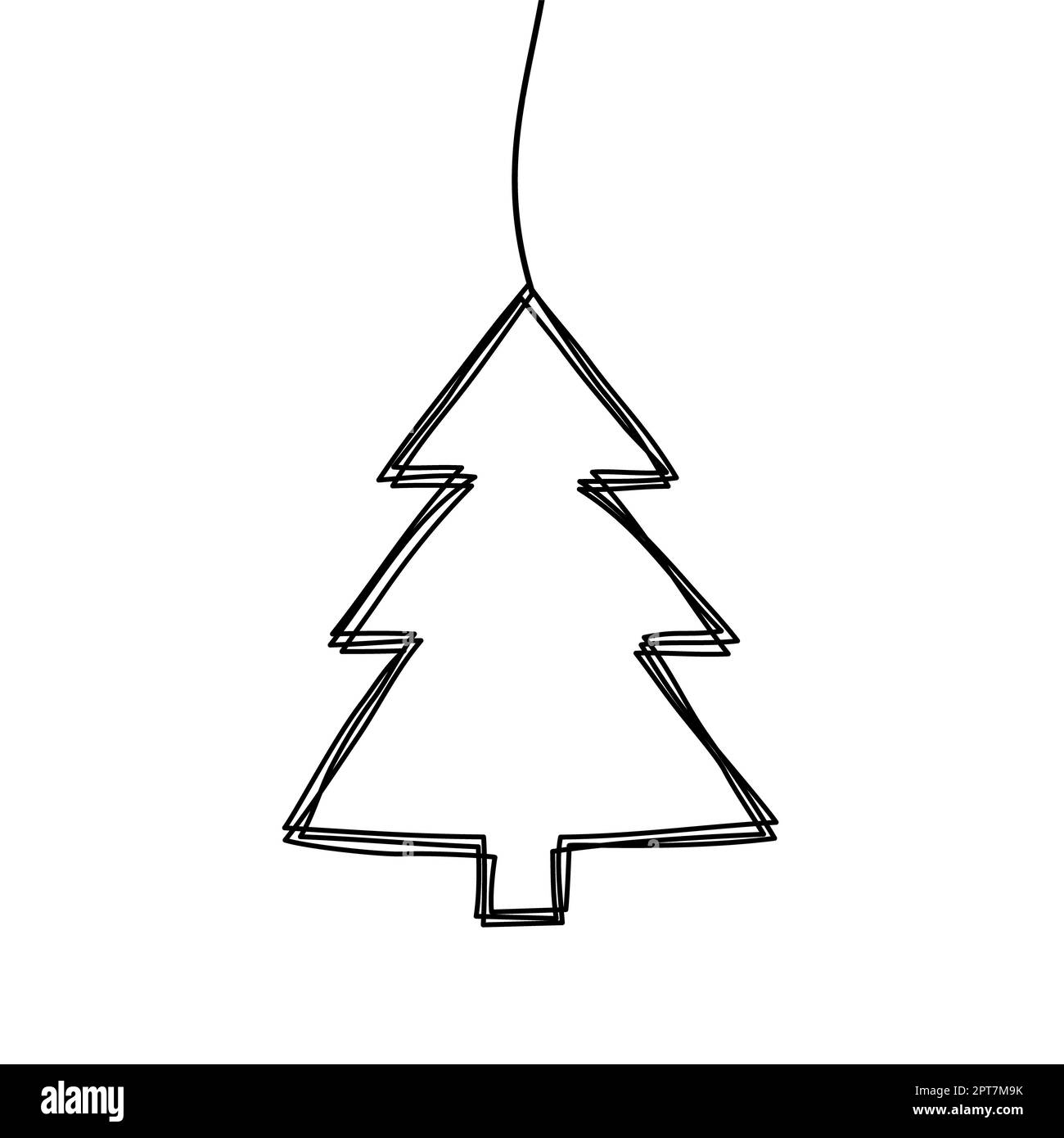 Grungy grungy grungy scribble Natale Pine Tree decorazione disegnata a mano con linea sottile, appeso ad una stringa. Isolato su sfondo bianco. Vettore illustrati Foto Stock
