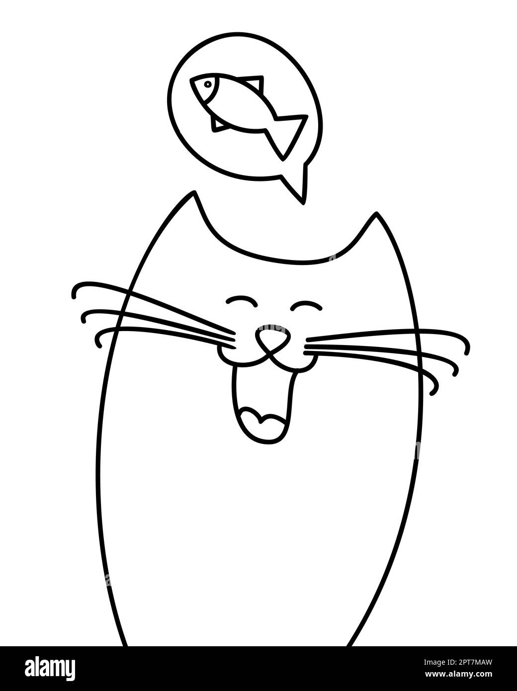 Doodle gatto felice. Carino kitty pensare di cibo gustoso. Libro da colorare, negozio di animali domestici o pubblicità di cibo gatto. Banner animale bianco e nero disegnato a mano per w Foto Stock