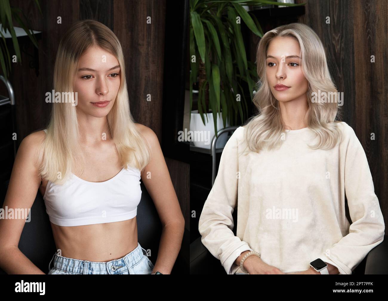 Donna prima dopo la tintura dei capelli. Vista posteriore, diritta e ricci. Primo piano Foto Stock