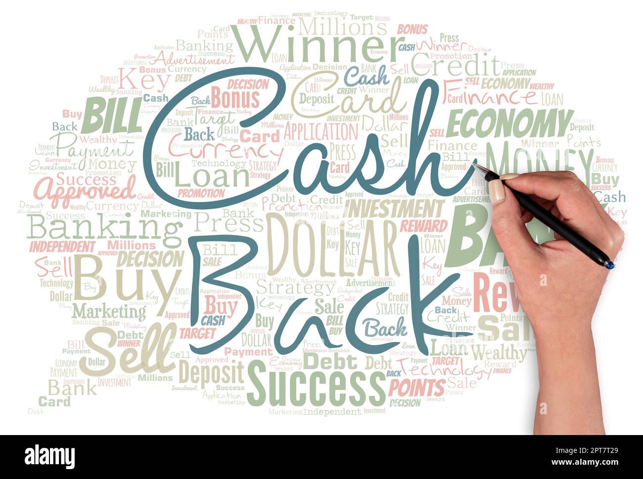 Nuvola di parole con parole cash back con mano e penna. Foto Stock