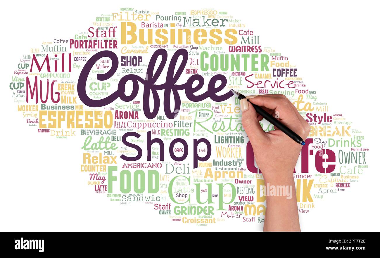 Nuvola di parole con parole coffee shop con penna per tenere le mani. Foto Stock