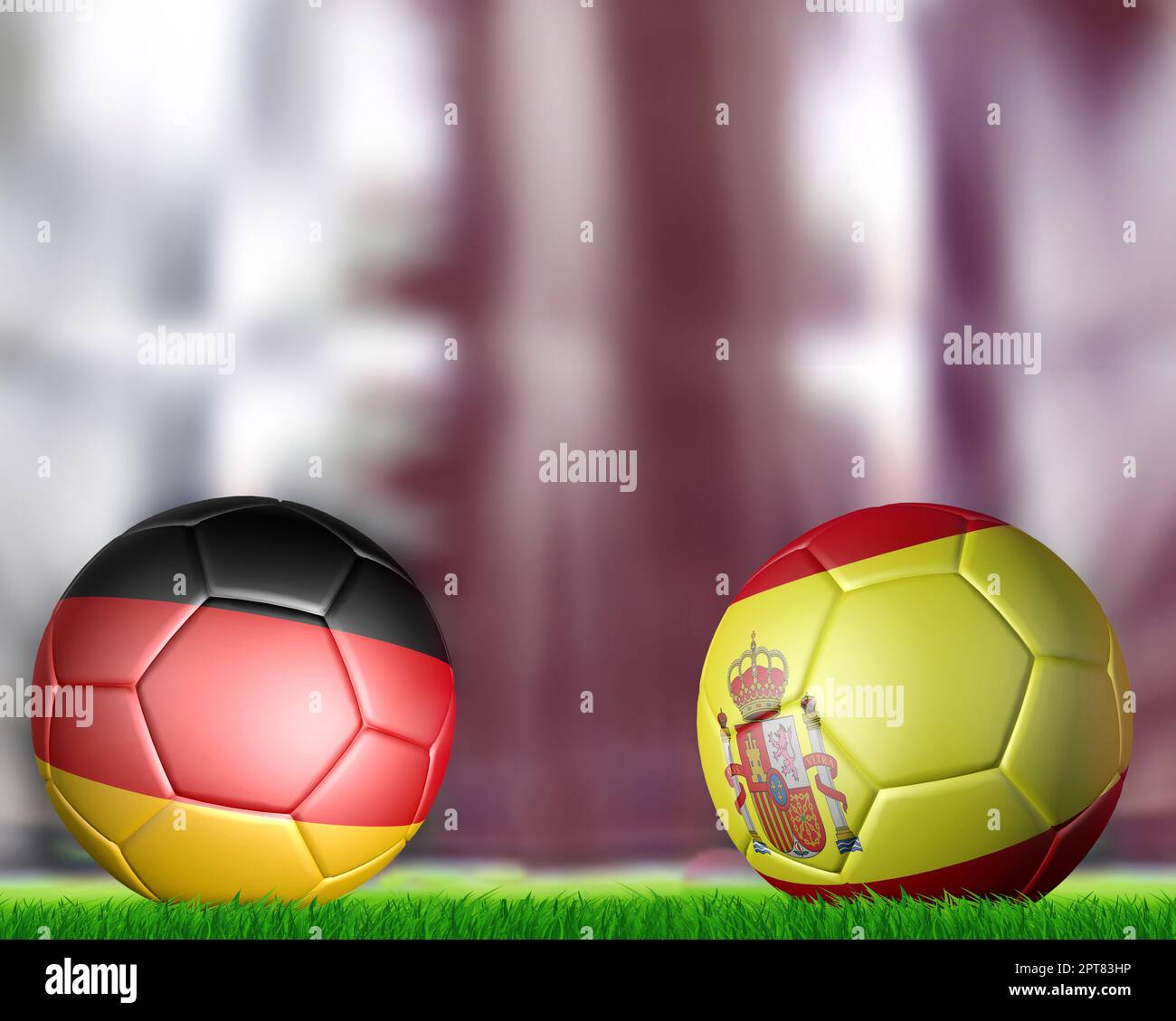 Due palline da calcio con bandiere Spagna e Germania sullo stadio Foto Stock