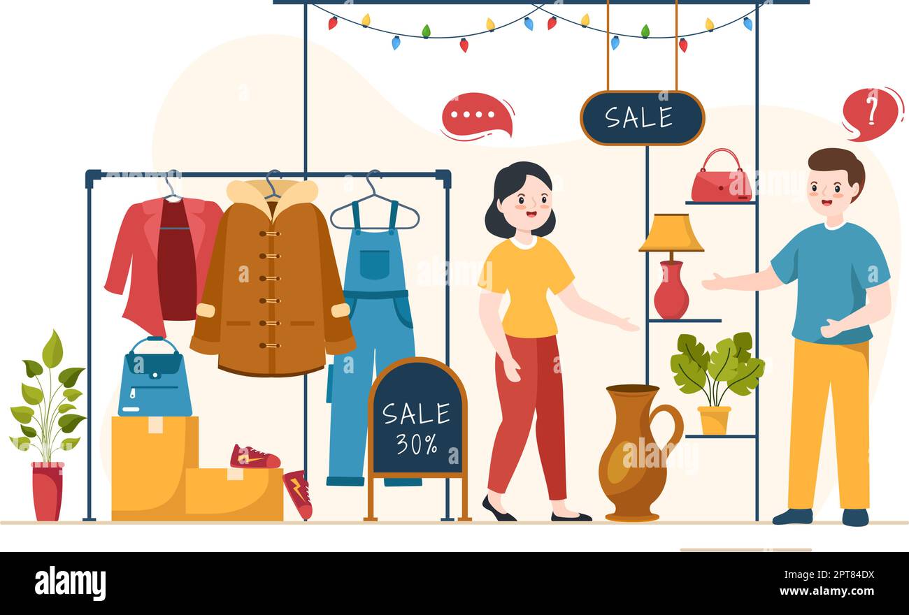 Modello del mercato delle pulci mano disegnata Cartoon piano Illustrazione Negozio di seconda mano con gli acquirenti, Swap Meet, venditori e clienti al fine settimana Illustrazione Vettoriale