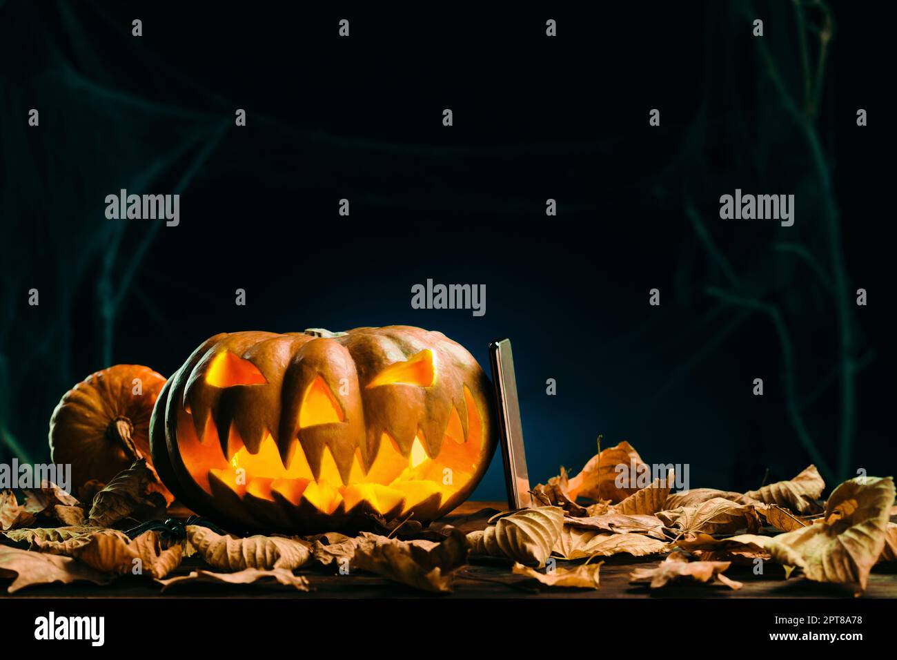 Zucche di Halloween e smartphone in scary notte profonda. Sfondo di Halloween Foto Stock