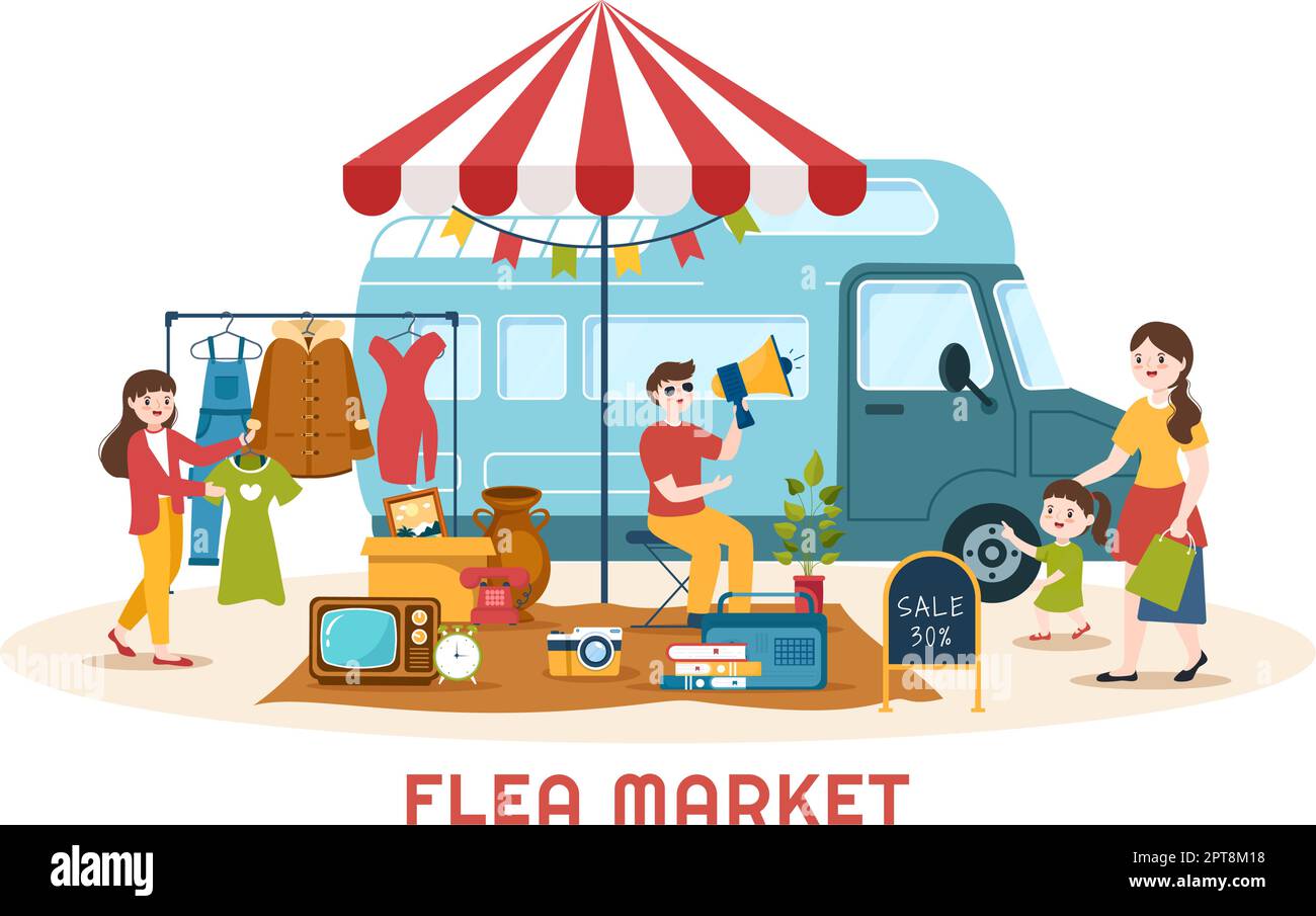 Modello del mercato delle pulci mano disegnata Cartoon piano Illustrazione Negozio di seconda mano con gli acquirenti, Swap Meet, venditori e clienti al fine settimana Illustrazione Vettoriale