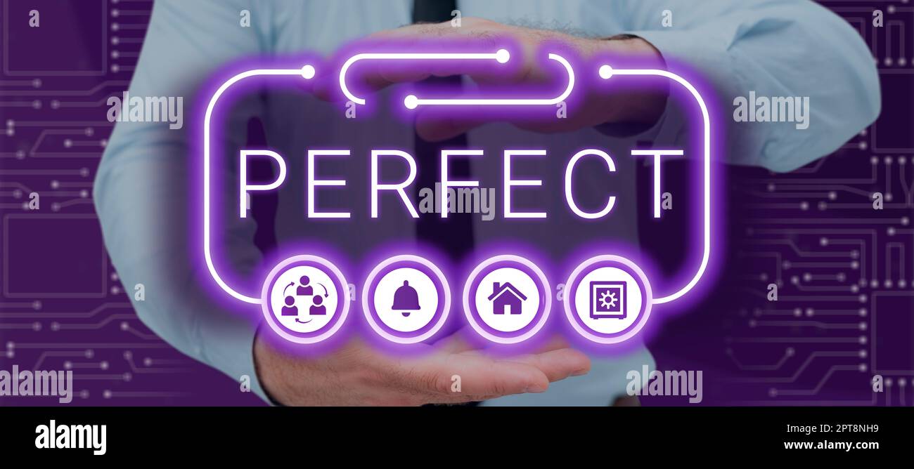 Didascalia di testo presentazione perfetta, idea di business completa senza difetti o difetti precisamente preciso o esatto Foto Stock