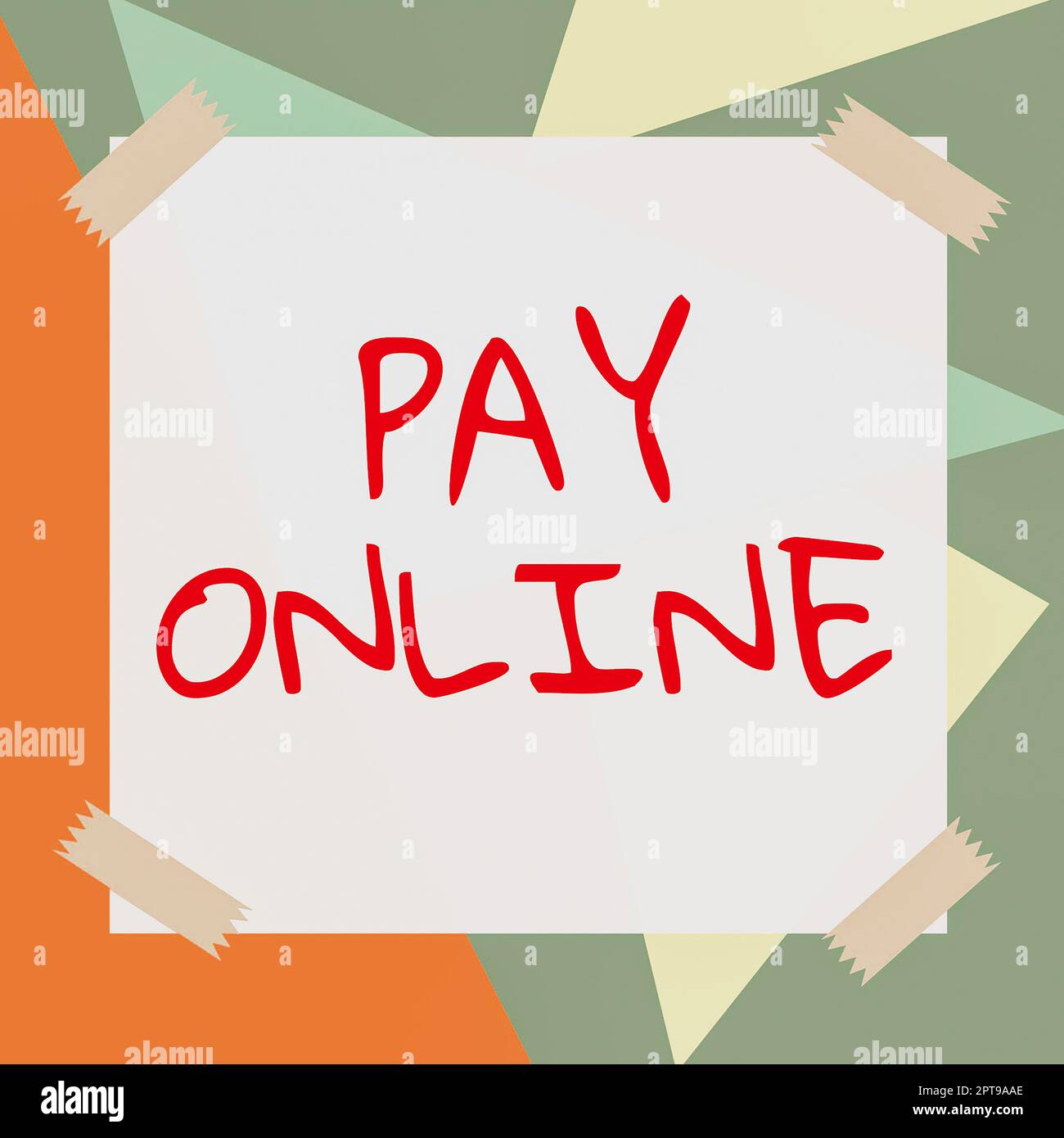 Segno di scrittura della mano paga in linea, parola scritta sui prodotti di acquisto o sul servizio usando la carta di credito su tutto il Web site Foto Stock