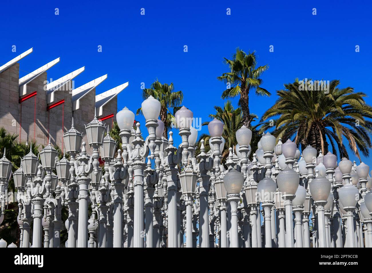 Installazione di luci urbane, lampioni, Los Angeles County Museum of Art, LACMA, Los Angeles, California, USA Foto Stock