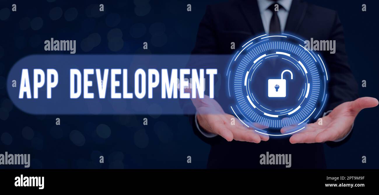 Visualizzazione concettuale App DevelopmentServizio di sviluppo per esperienze mobili e web straordinarie, Servizio di sviluppo concettuale Internet per un mobil straordinario Foto Stock