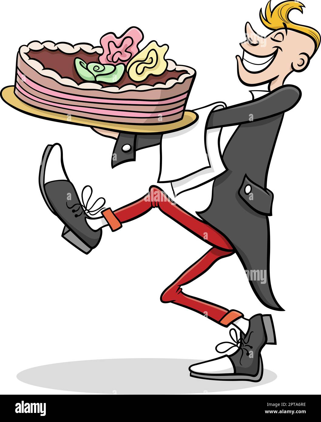 cameriere di cartone animato che serve una grande torta Illustrazione Vettoriale