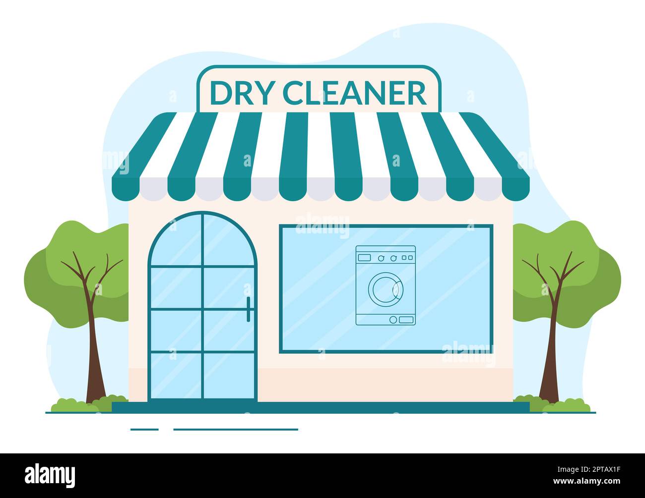 Lavaggio a secco Servizio di magazzino con lavatrici, asciugatrici e lavanderia per l'abbigliamento pulito in Cartoon piano modelli disegnati a mano Illustrazione Foto Stock