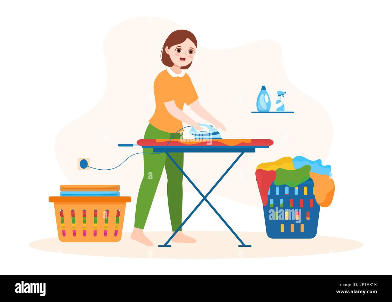 Lavaggio a secco Servizio di magazzino con lavatrici, asciugatrici e lavanderia per l'abbigliamento pulito in Cartoon piano modelli disegnati a mano Illustrazione Foto Stock