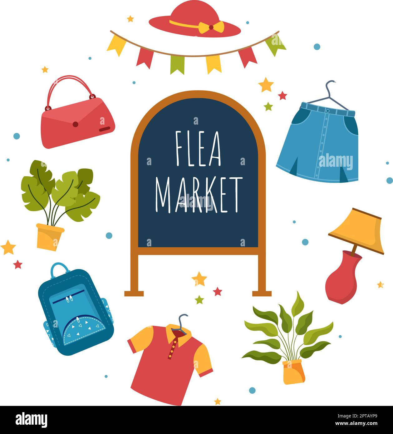 Modello del mercato delle pulci mano disegnata Cartoon piano Illustrazione Negozio di seconda mano con gli acquirenti, Swap Meet, venditori e clienti al fine settimana Illustrazione Vettoriale