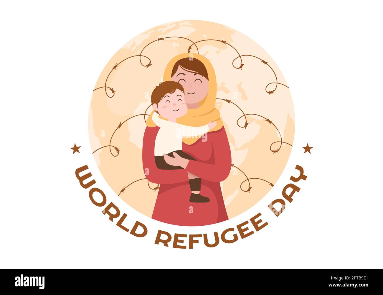 Modello della Giornata Mondiale del Rifugiato Illustrazione piatta di Cartoon disegnata a mano con le mani, la famiglia e la salita della recinzione a filo metallico a punta per immigrare a salvare il posto Foto Stock