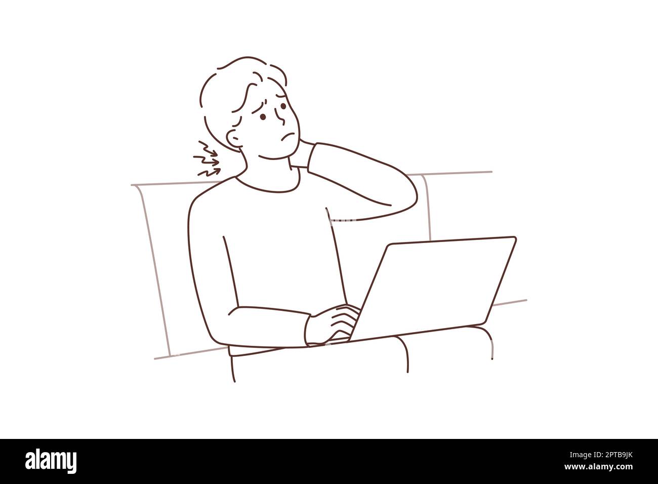 L'uomo seduto sul divano che lavora sul notebook soffre di mal di collo. Un ragazzo malsano lotta contro il mal di schiena utilizzando il notebook. Concetto sedentario di stile di vita. Vettore i Foto Stock
