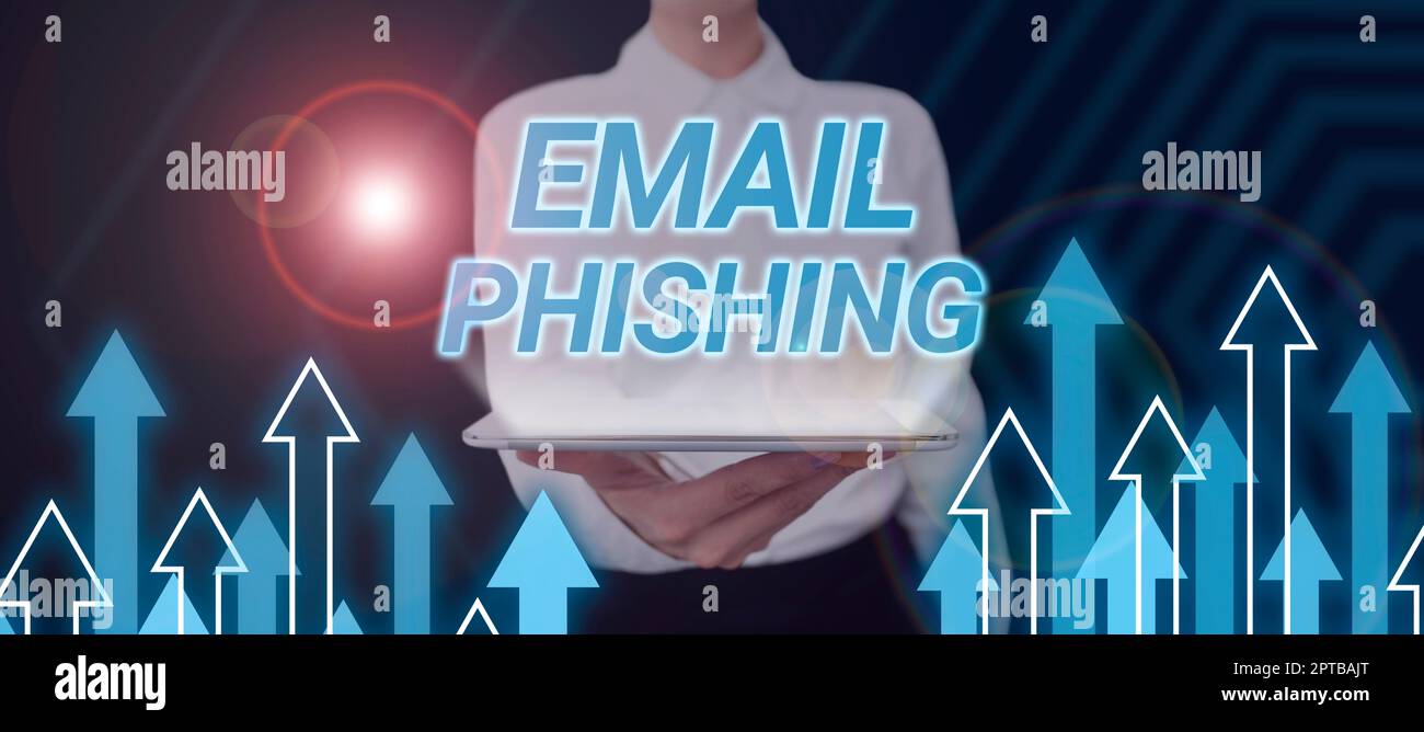 Segno di testo che mostra Email PhishingEmails che possono collegarsi a siti web che distribuiscono malware, e-mail di foto concettuali che possono collegarsi a siti web che distro Foto Stock