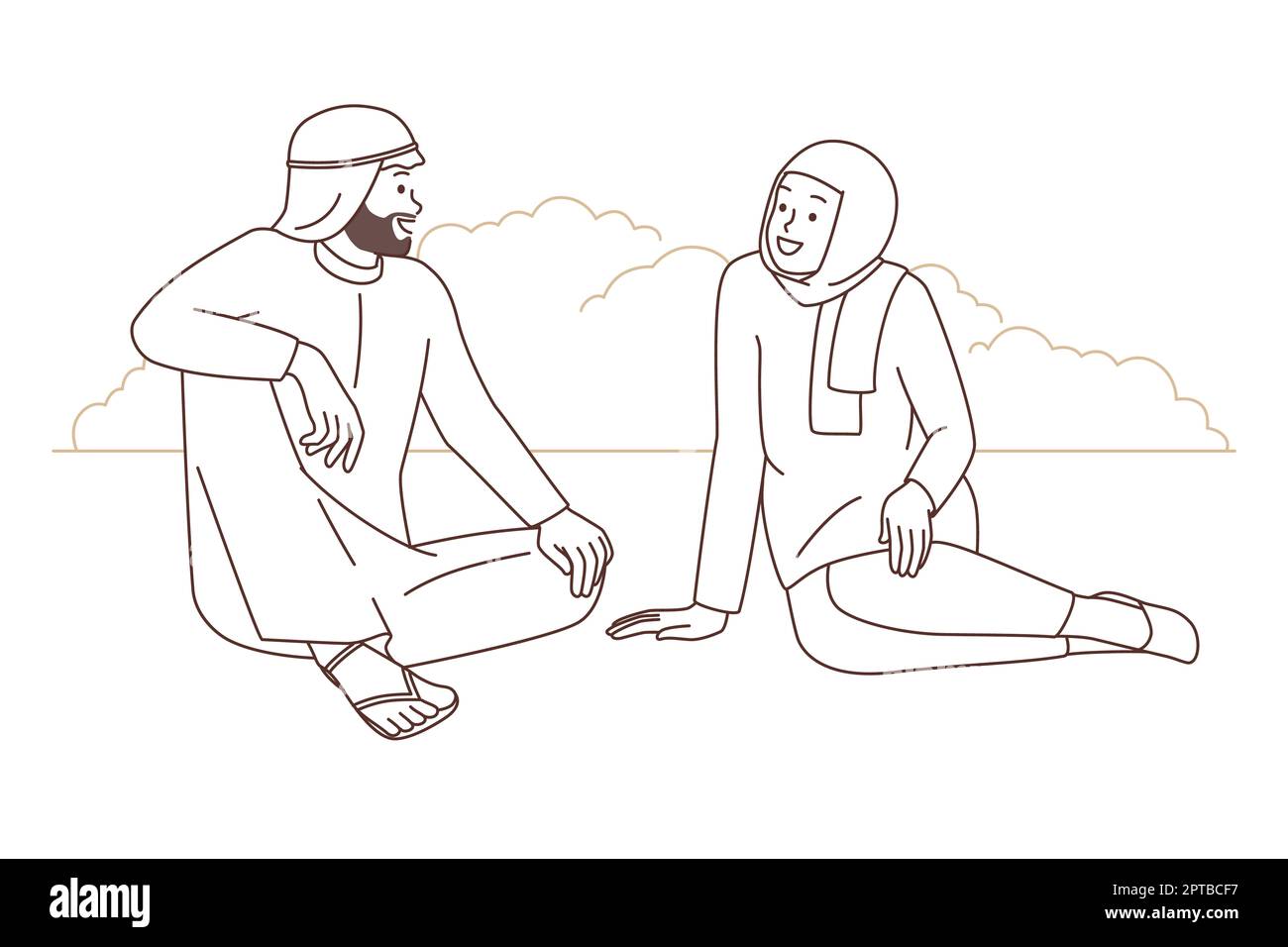 Felice coppia araba seduta nel parco parlando. Sorridente arabo uomo e donna hanno conversazione all'aperto. Illustrazione vettoriale. Foto Stock