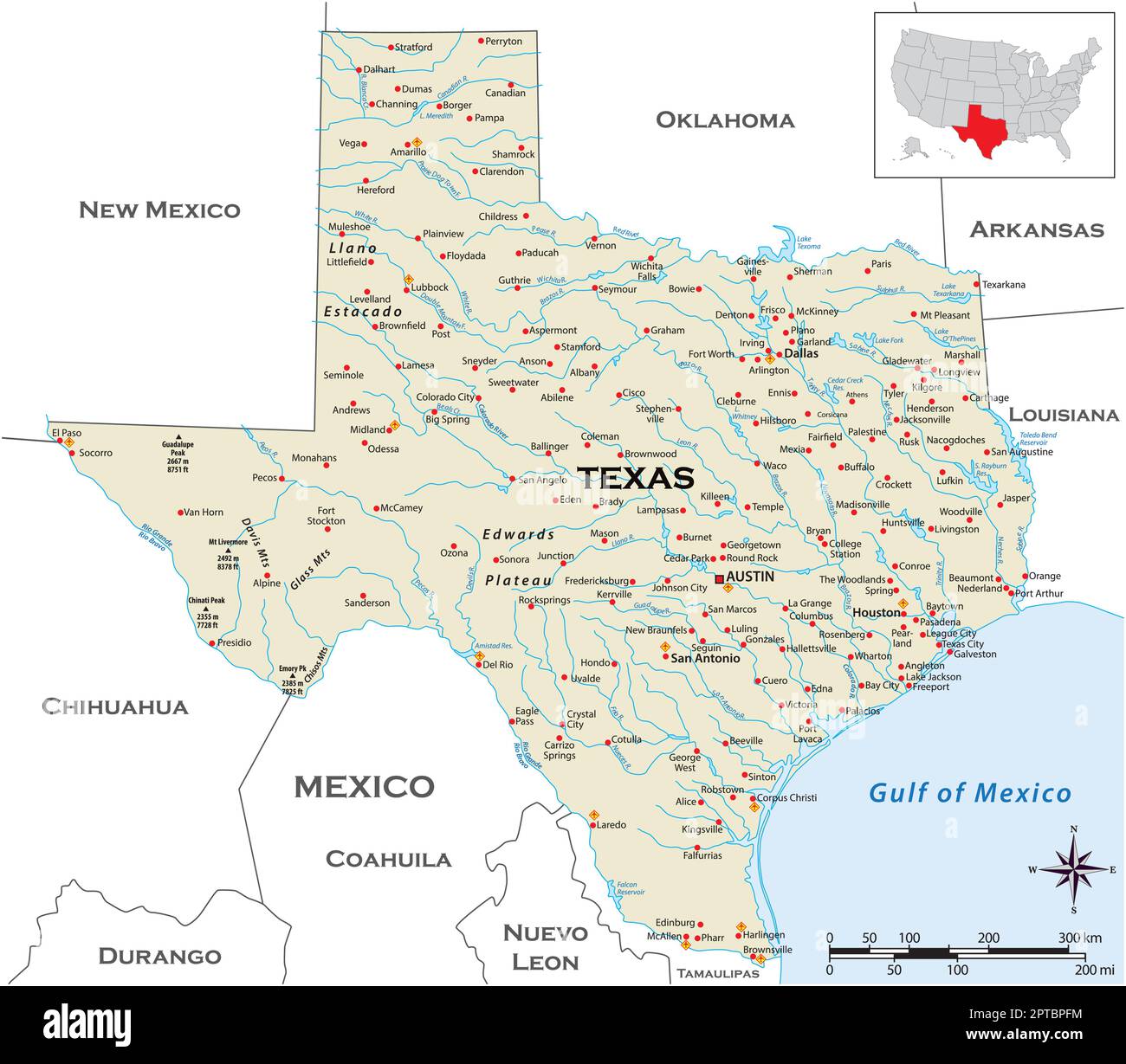 Mappa fisica molto dettagliata dello stato americano del Texas Illustrazione Vettoriale