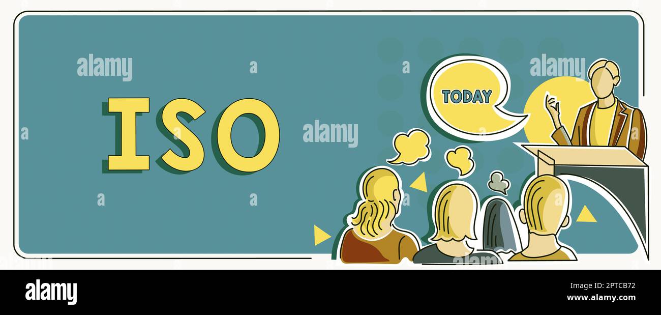 Didascalia concettuale ISO, concetto che significa progettazione di standard internazionali per migliorare i servizi dei prodotti Foto Stock