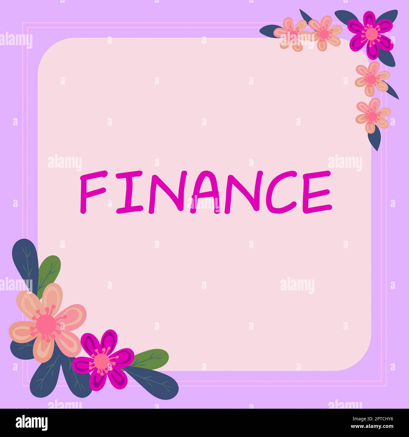 Testo di scrittura Finanza, Word scritto sulla vendita del prodotto o servizio ad un prezzo più basso per attrarre la cornice del cliente con le foglie e i fiori intorno e Imp Foto Stock