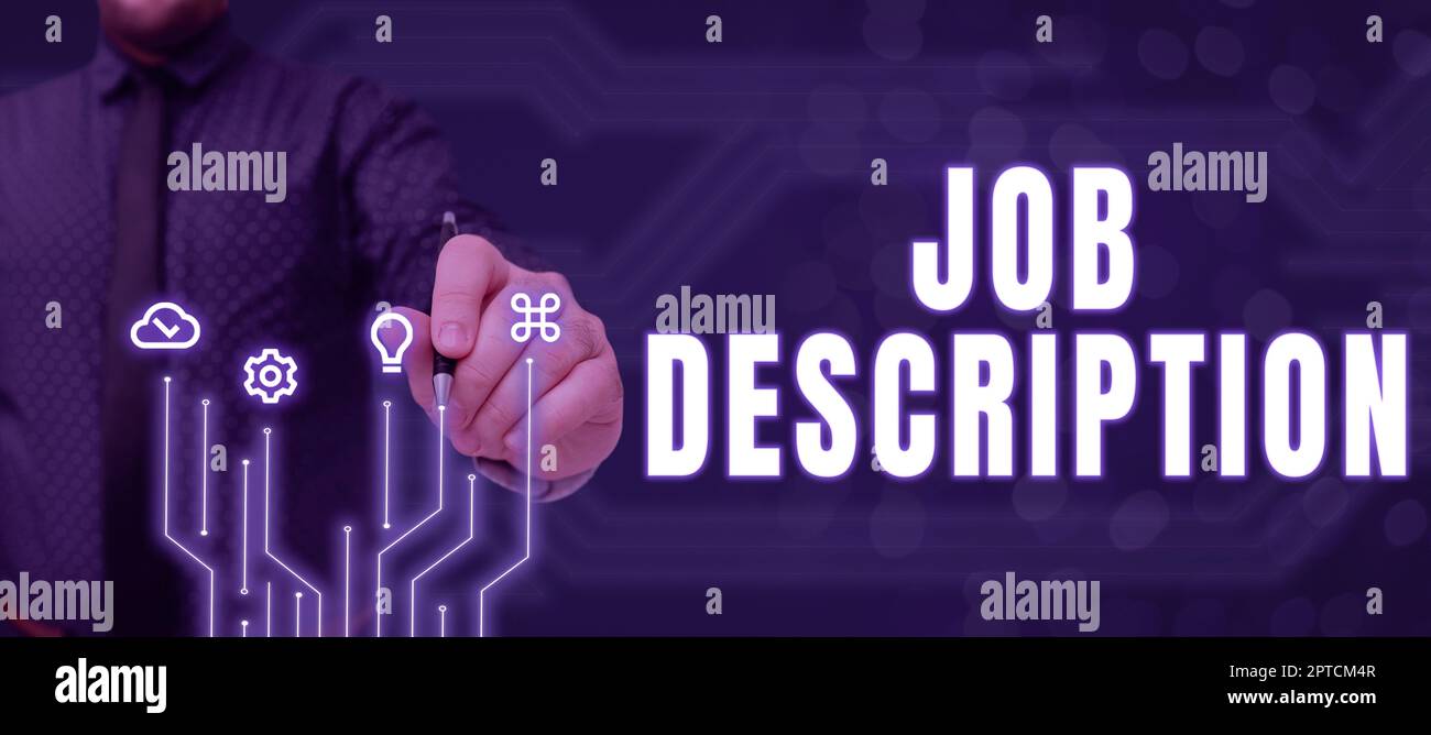 Scrittura a mano segno Descrizione del lavoro, Business vetrina narrativa scritta che mostra i requisiti del progetto Foto Stock