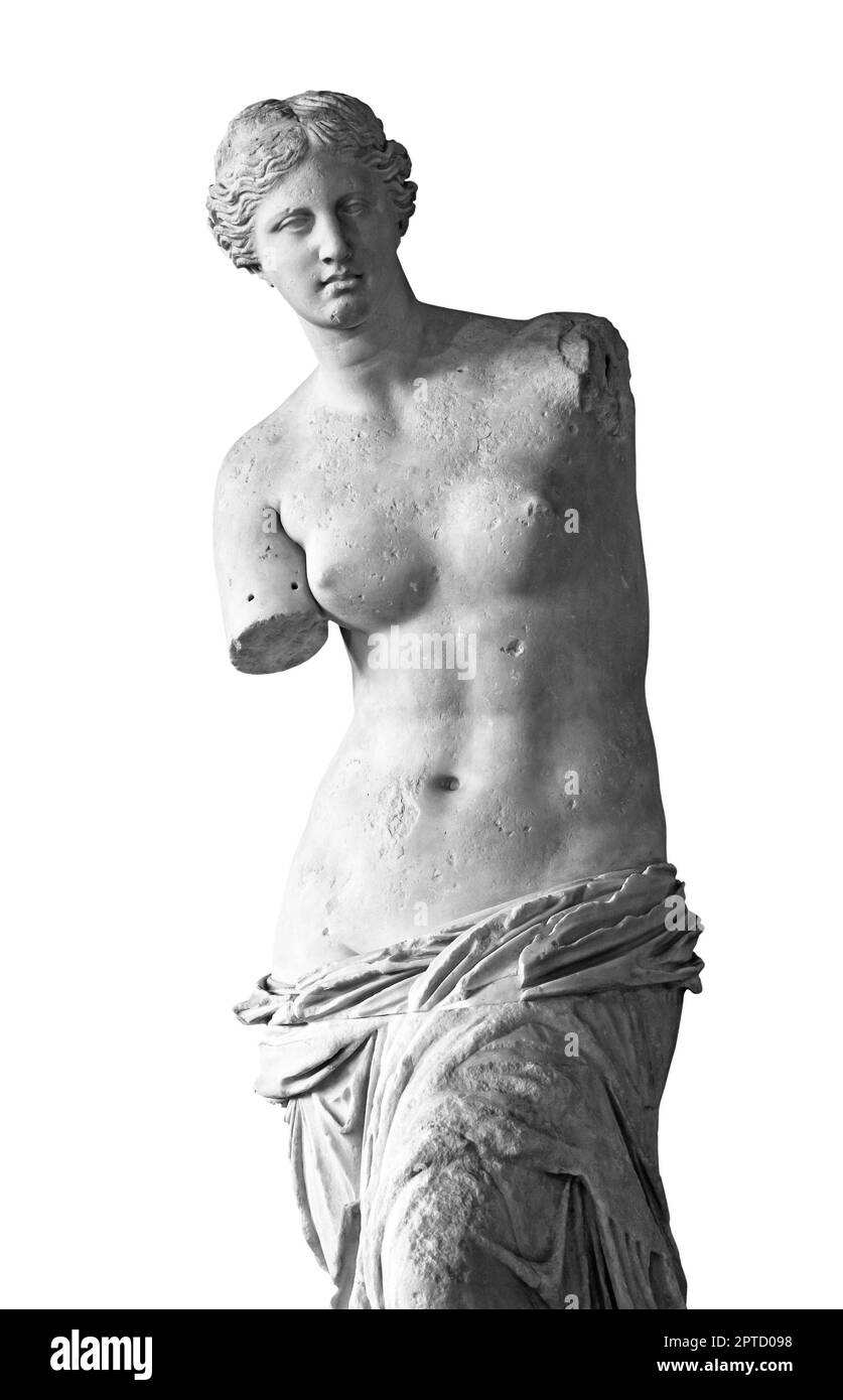 Venere di Milo scultura greca antica primo piano isolato su sfondo bianco, foto in bianco e nero vista frontale Foto Stock