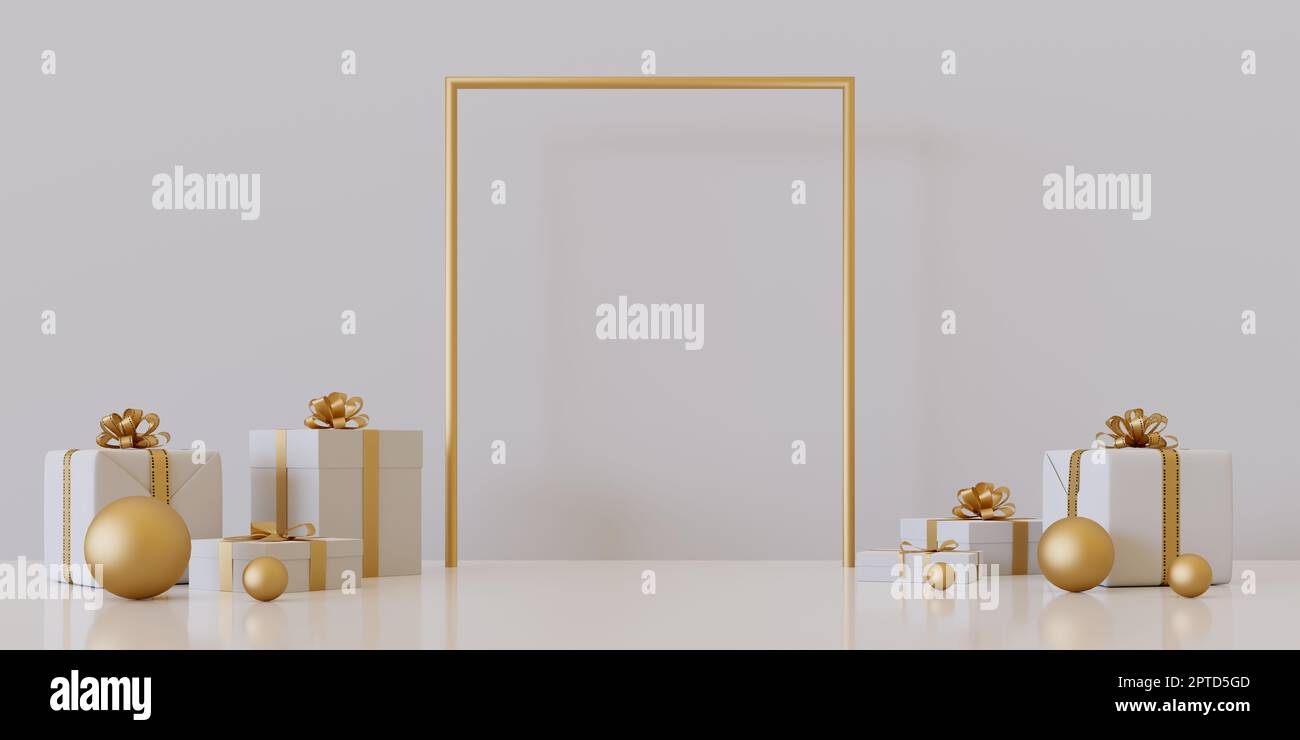 Box regalo sfondo podio con nastro dorato di colore bianco con cornice quadrata, 3D rendering Foto Stock