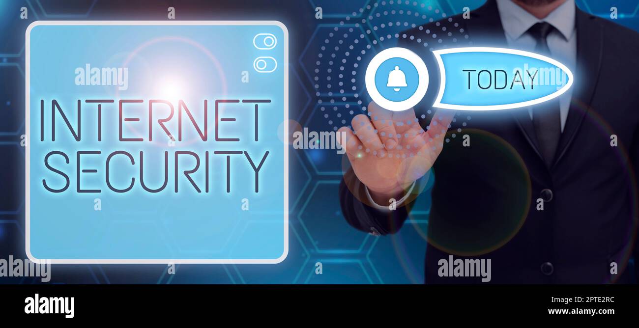 Firma visualizzazione di Internet sicurezza, processo fotografico concettuale per proteggere da attacchi su Internet Foto Stock