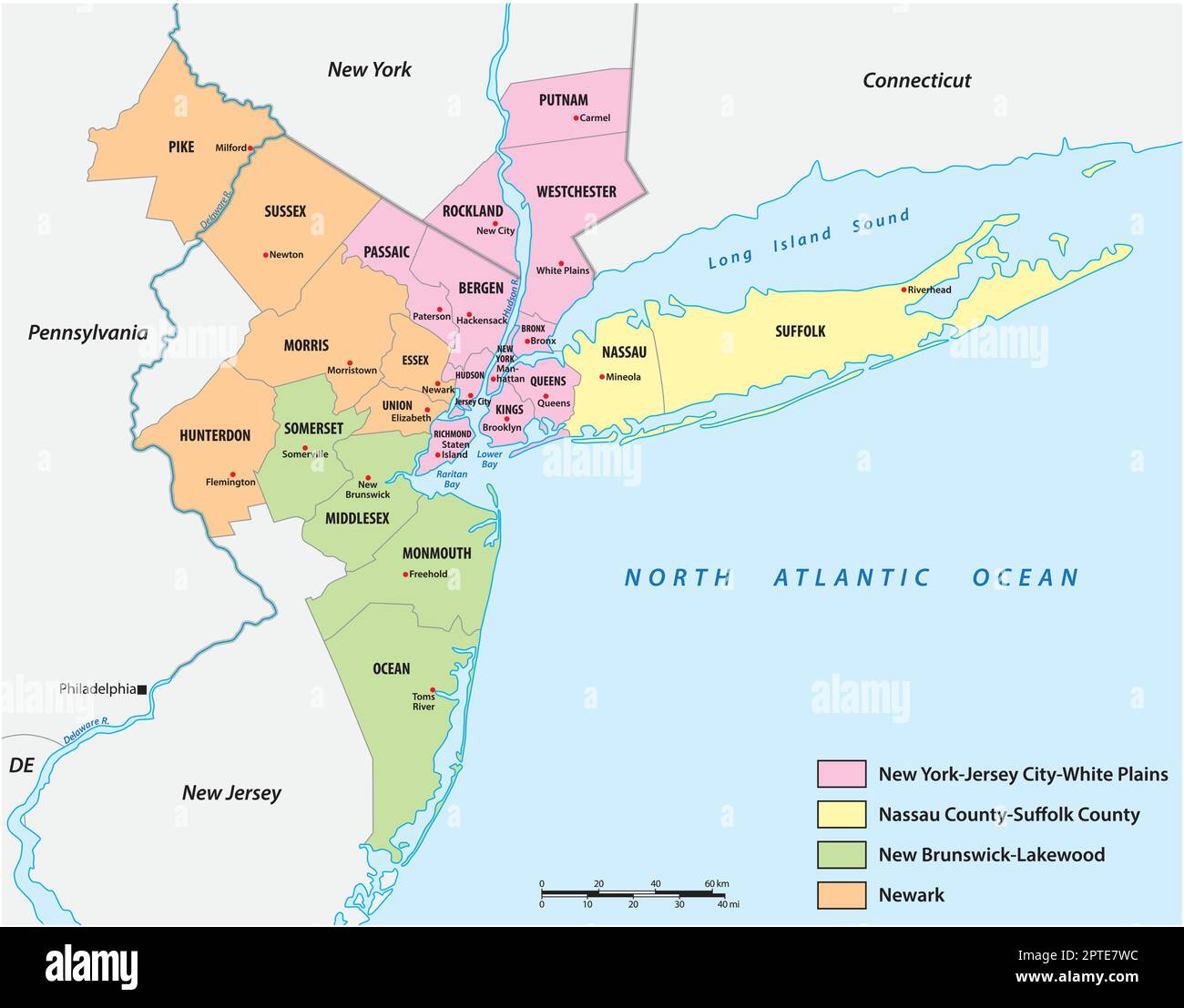 Mappa delle contee nelle quattro divisioni dell'area metropolitana di New York Illustrazione Vettoriale