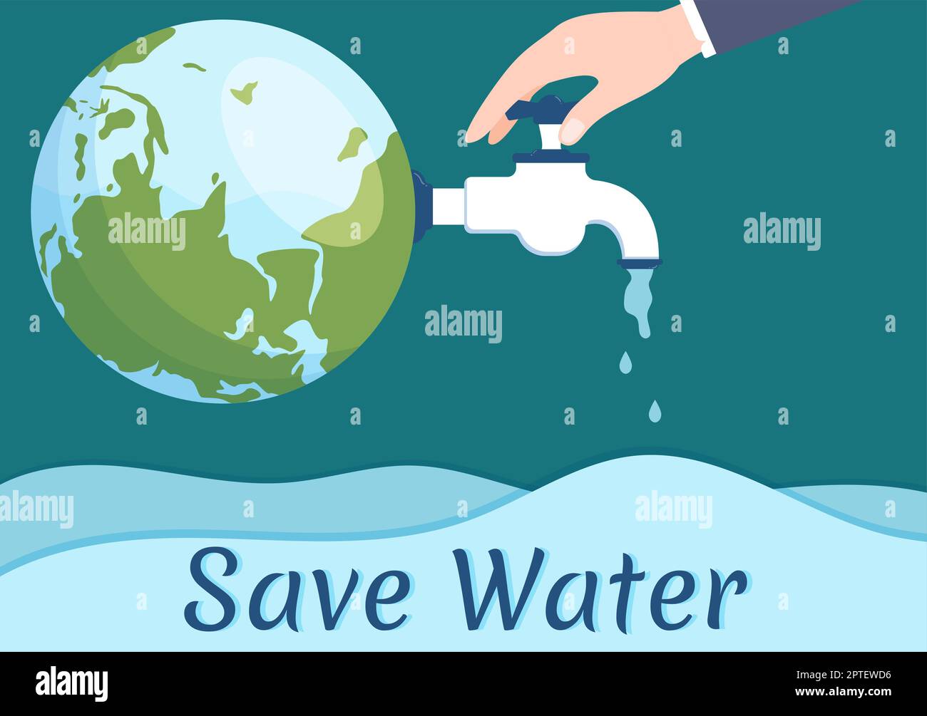 Modelli di risparmio di acqua Cartoon piano disegnato a mano Illustrazione per la campagna di risparmio minerale con rubinetto e concetto di terra Foto Stock