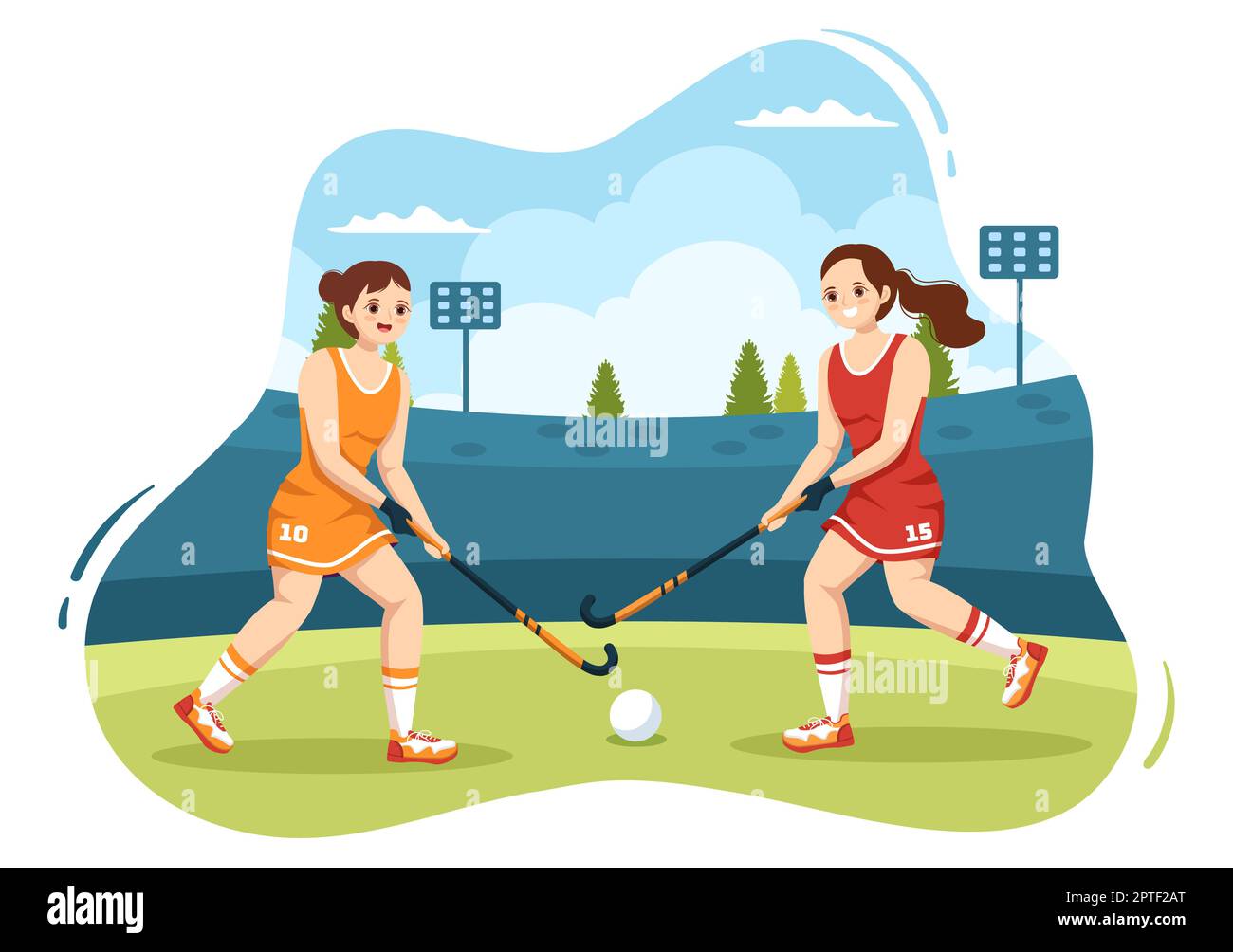 Hockey Player Sport con casco, bastone, Puck e pattini sul campo verde per il gioco o campionato in Cartoon piano modelli disegnati a mano Illustrazione Foto Stock