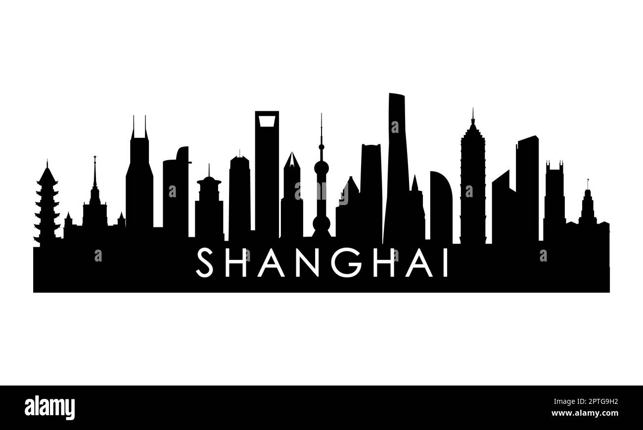 Profilo dello skyline di Shanghai. Il design della citta' di Shanghai nera e' isolato su sfondo bianco. Foto Stock