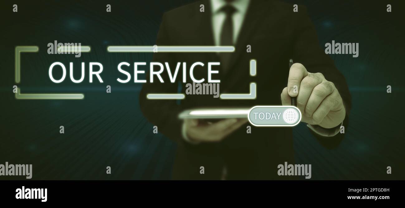 Firma che mostra il nostro Servizio, Word per fornire assistenza al pubblico con una specifica serie di competenze Foto Stock