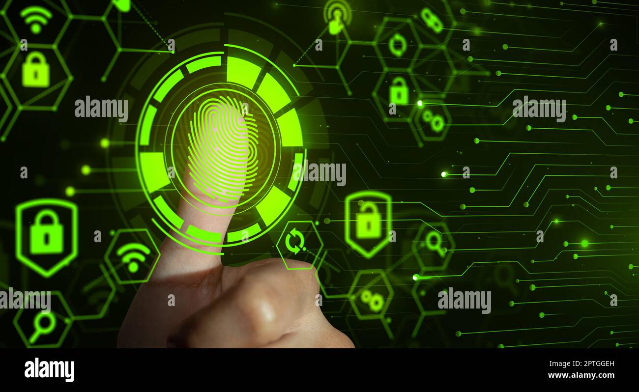 La scansione delle impronte digitali fornisce un accesso di sicurezza con l'identità e l'approvazione biometrica. Il futuro della sicurezza e del controllo delle password attraverso l'impronta digitale. Tecnica Foto Stock