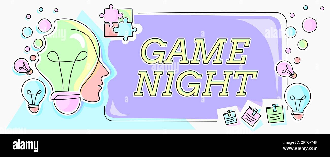 Visualizzazione concettuale Game Night, Business idea evento in cui le persone si riuniscono allo scopo di ottenere posa Foto Stock