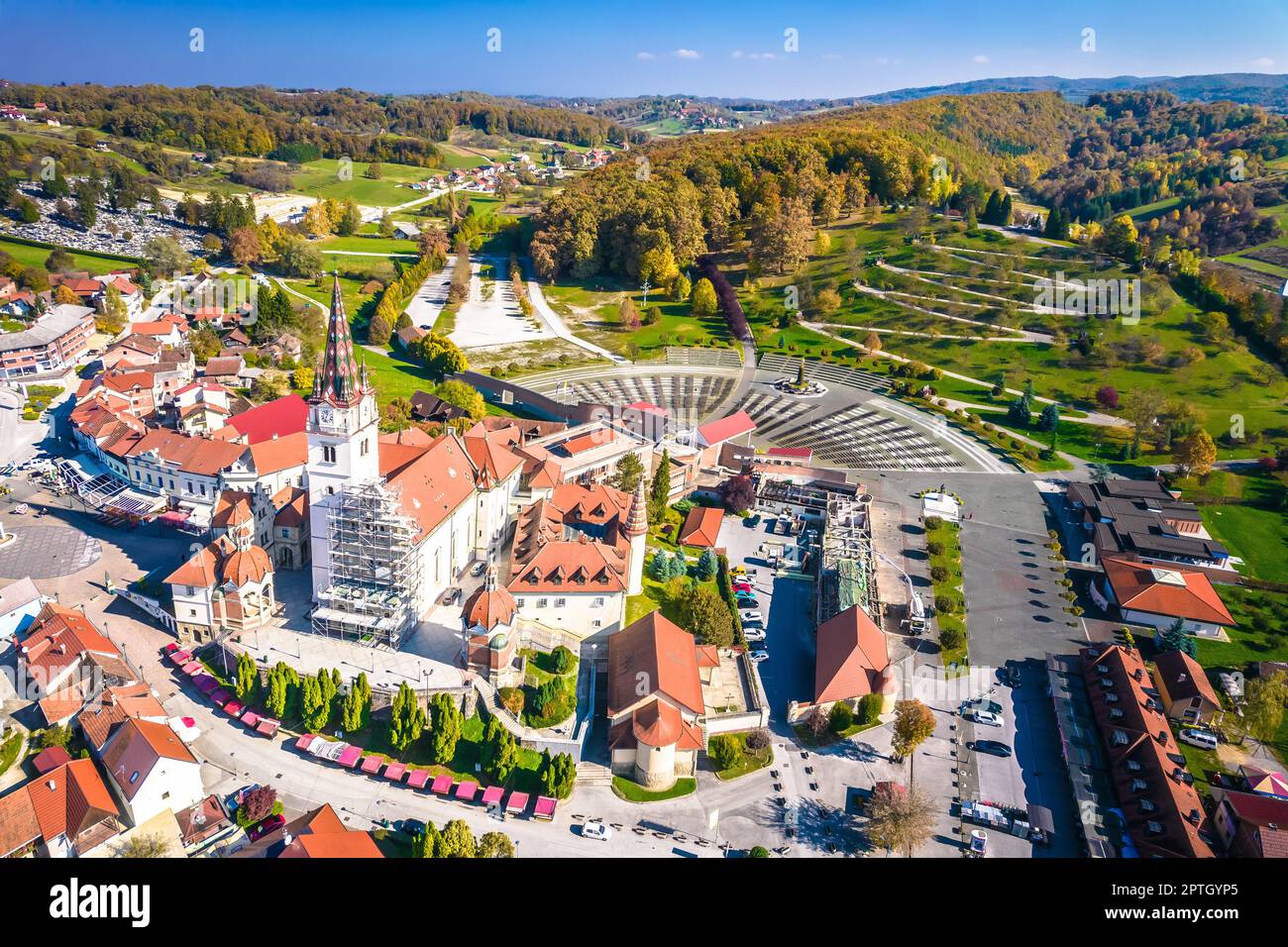 Marija Bistrica santuario chiesa e Kalvarija vista aerea, pellegrinaggio Zagorje regione della Croazia Foto Stock