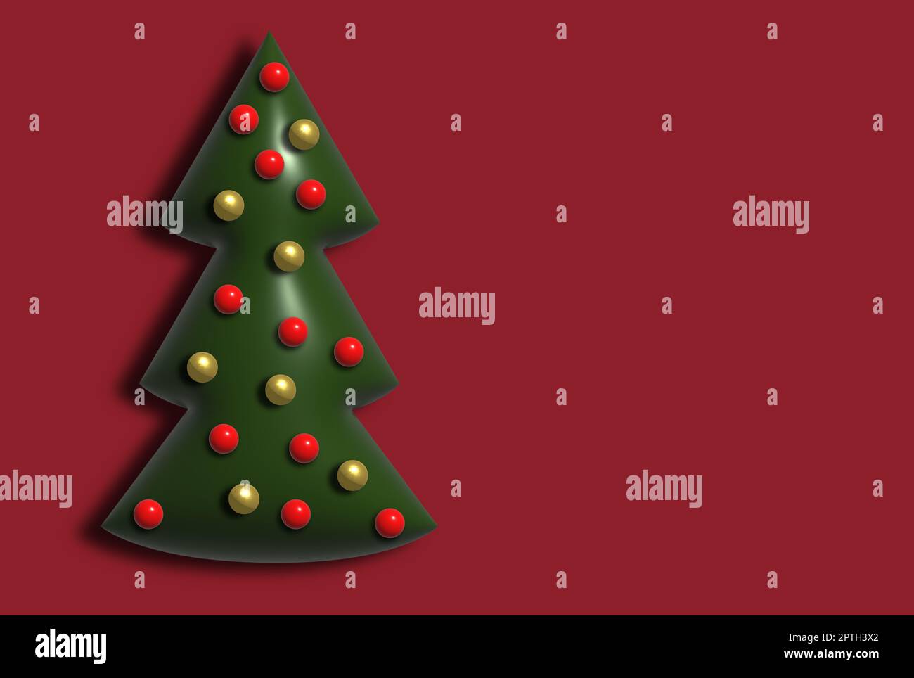 Albero di Natale con palle su sfondo rosso, 3D rendering illustrazione, spazio copia Foto Stock