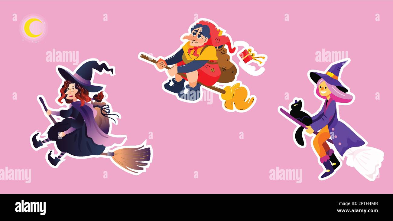 set di adesivi strega che volano sulla scopa Illustrazione Vettoriale