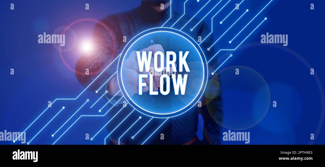 Visualizzazione concettuale flusso di lavoro, Business mostra la continuità di una determinata attività da e verso un ufficio o un datore di lavoro Foto Stock