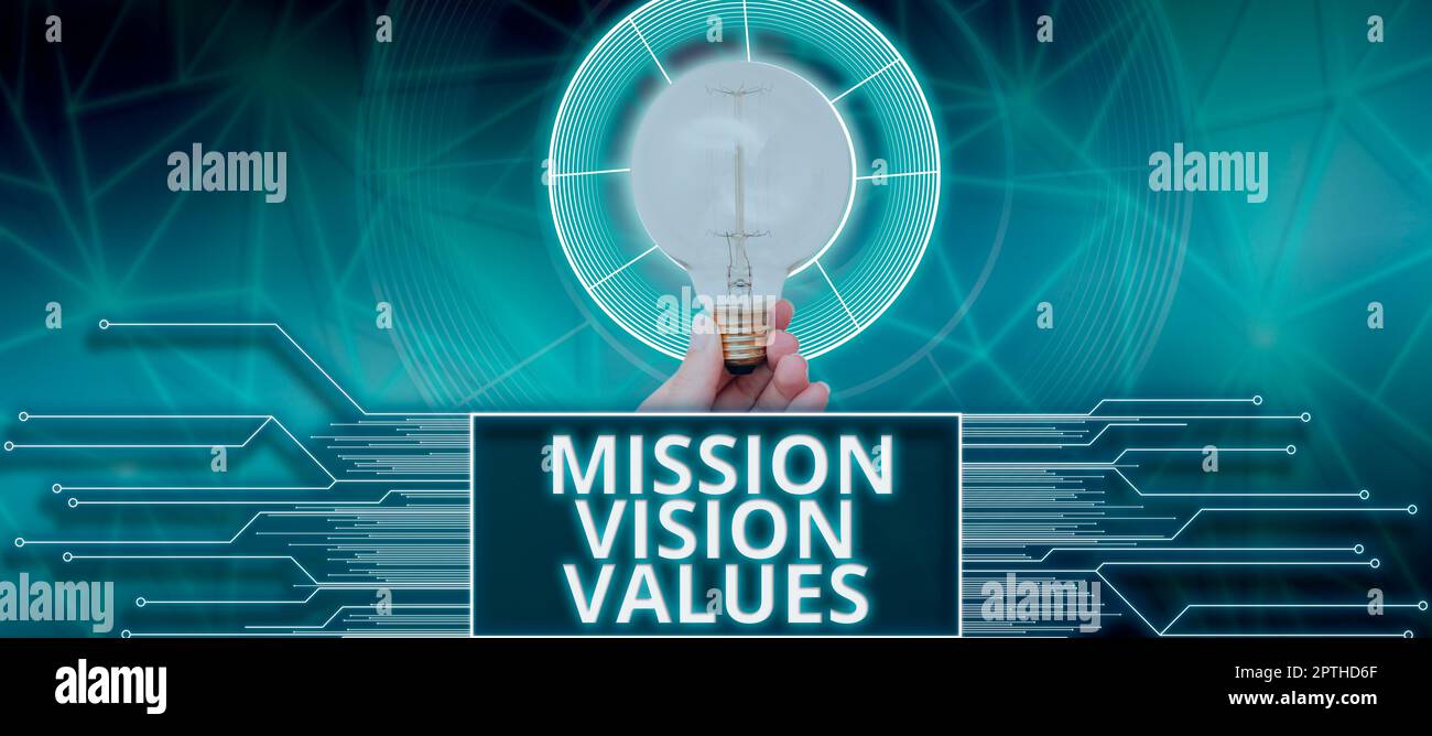 Ispirazione mostrando segno Mission Vision valori, Business concept profilo aziendale obiettivo e dichiarazione di cura Foto Stock